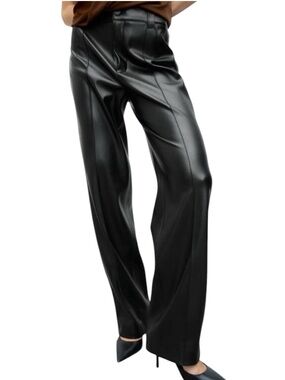 Zara Faux Leather Straight Leg Pants Black High Waist Seam Detail Size Small